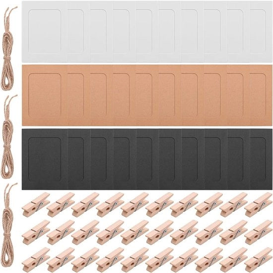 Set di supporti per foto in carta con clip in legno e filo per decorazione di parete - Set da 30 - Fai da te - Casa - Camera - Tre colori