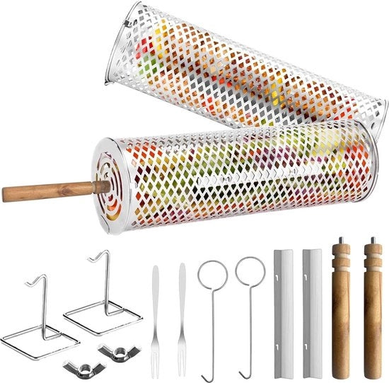 Manubrio per griglia con apertura rotonda e forchetta - gabbia da barbecue portatile per esterno - acciaio inox - 2 pezzi