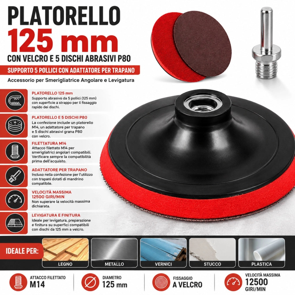 Platorello 125 mm M14 con Velcro 5 Dischi P80 e Adattatore Trapano 75133