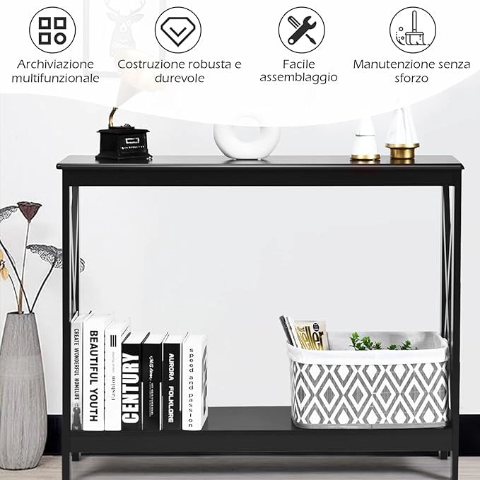 Tavolo Consolle a 2/3 Ripiani, Tavolo d’Ingresso in Legno, Mobile Multifunzionale per Soggiorno e Corridoio, 100 x 30 x 80cm, Portata Massima 30 kg (2 Ripiani, Nero)