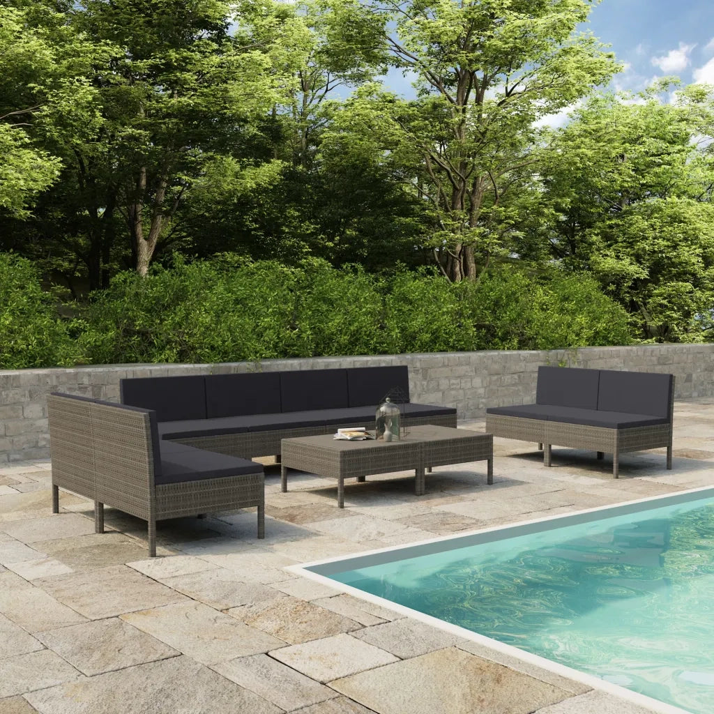 Set Divani da Giardino 10 pz con Cuscini in Polyrattan Grigio 3056980