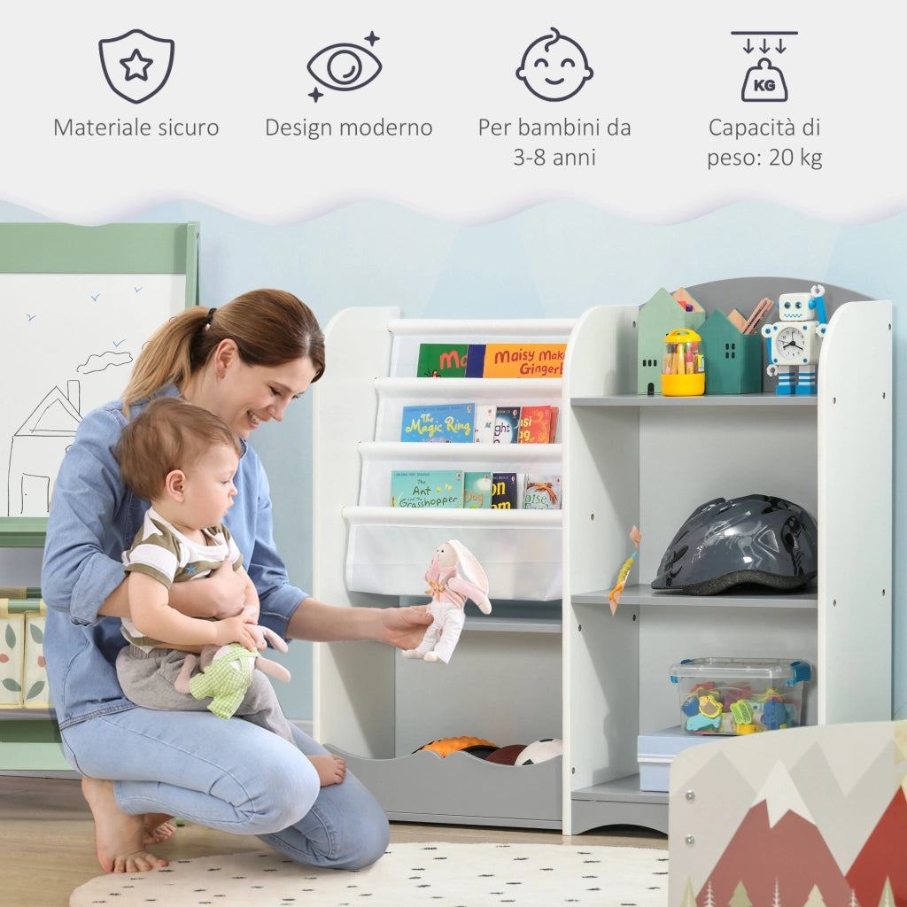 Scaffale Portagiochi per Bambini Mobile per Cameretta in Legno, Arredamento per Bambini da Salotto e Asilo, 85x26x84cm, Grigio