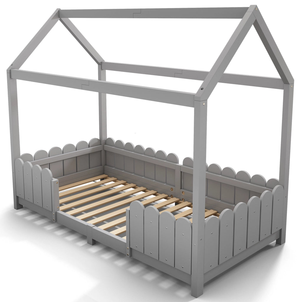 Letto a casetta 90x200 cm in legno grigio con sponde di sicurezza e rete a doghe