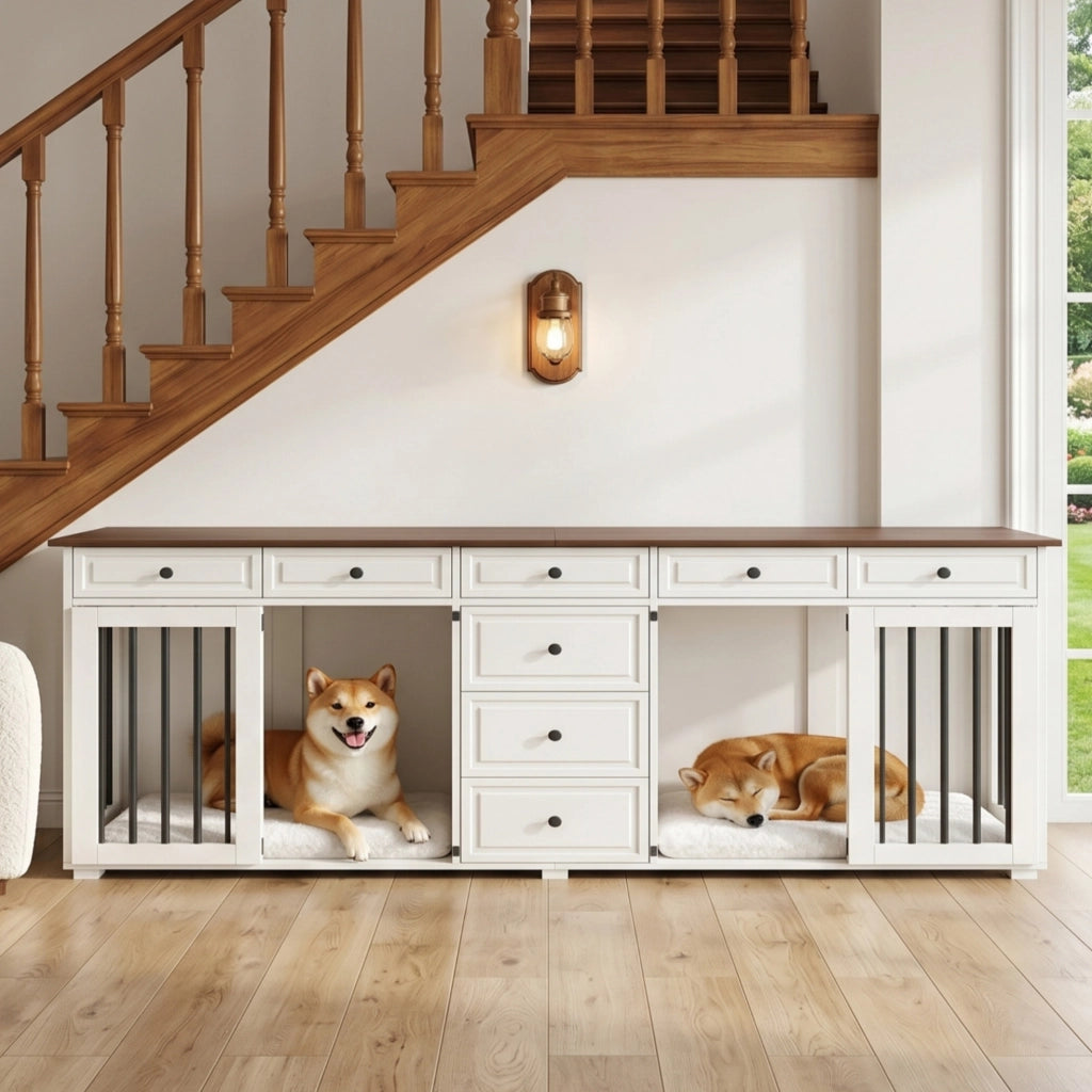 Mobile-gabbia per cani ULEVR 200x60x85 cm con 2 vani separati, 8 cassetti e chiusure di sicurezza, bianco e noce