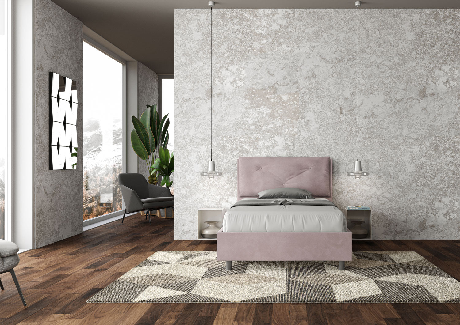 Letto 1 Piazza E Mezzo 120x200 cm con Rete e Contenitore Imbottito in Microfibra Appia Large Glicine