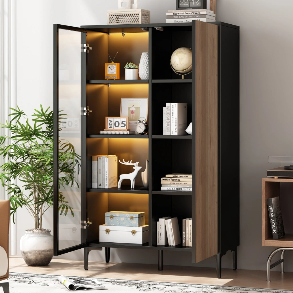 Vetrina con 2 ante e 8 vani, LED RGB controllato da app, per soggiorno, in MDF, nero naturale, 90 × 40 × 135 cm