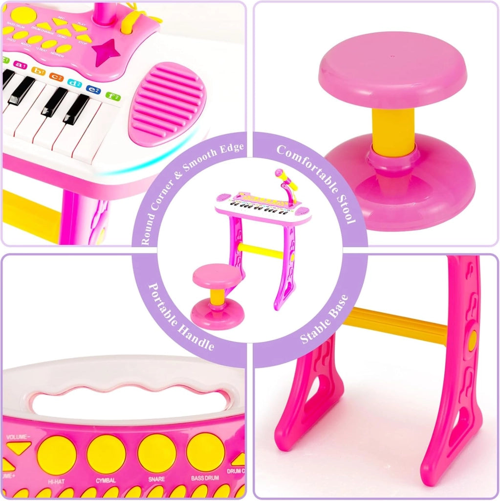 Pianola Bambini Musicale Tastiera, Tastiera Digitale a 31 Tasti, Mini Tastiera per Bambini con Effetti Luminosi e Microfono, Strumenti Musicali con Sgabello, 22 Battiti/8 Toni/7 Ritmi (Rosa)