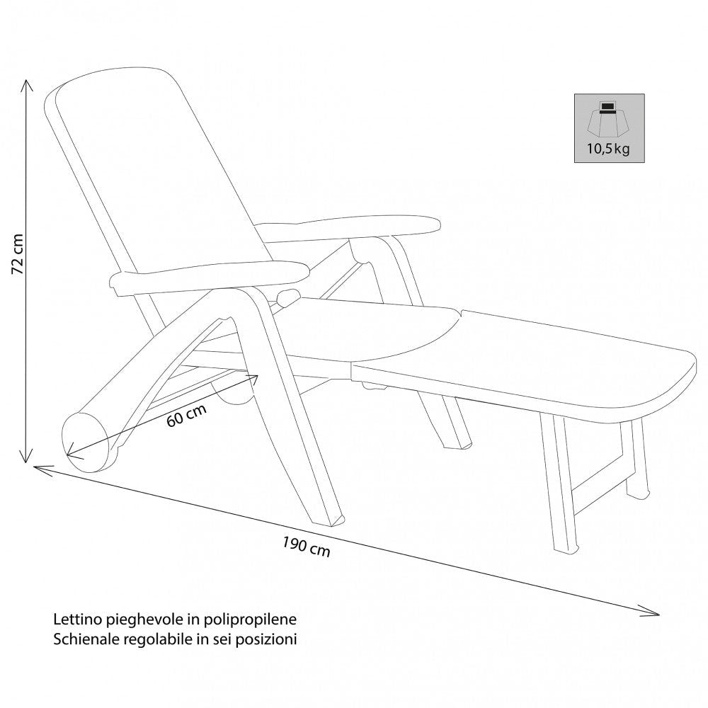 Lettino Prendisole da Giardino Cancun con Ruote 72x190x60 h cm in Plastica Bianco