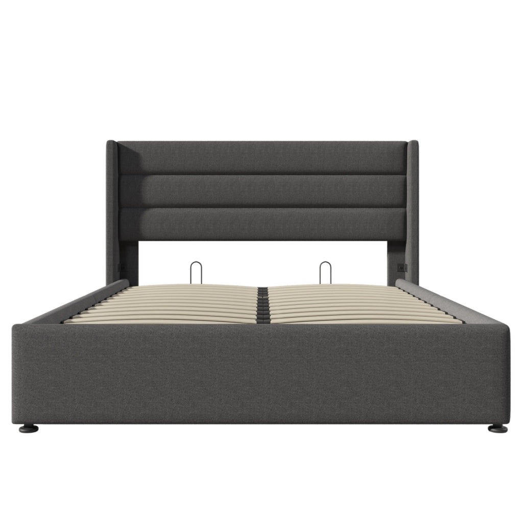 Letto matrimoniale idraulico – 140x200 cm – rete legno e metallo – lino grigio