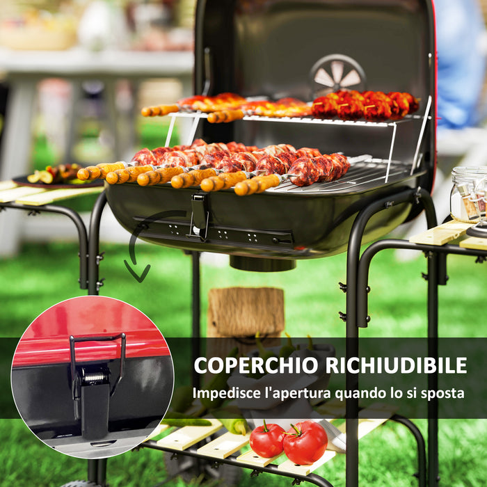 Barbecue a Carbone  98x54x91 cm Coperchio con Presa d'Aria Regolabile 3 Ripiani e Ruote in Acciaio e Legno Rosso