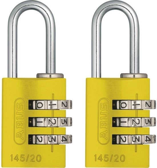 Cassaforte a cifre 145/20 Giallo - Chiusura per borsa, chiusura per valigia e altro - Chiusura a molla in alluminio - Cassetta a cifre regolabile individualmente - Livello di sicurezza ABUS 3 (2 pezzi)