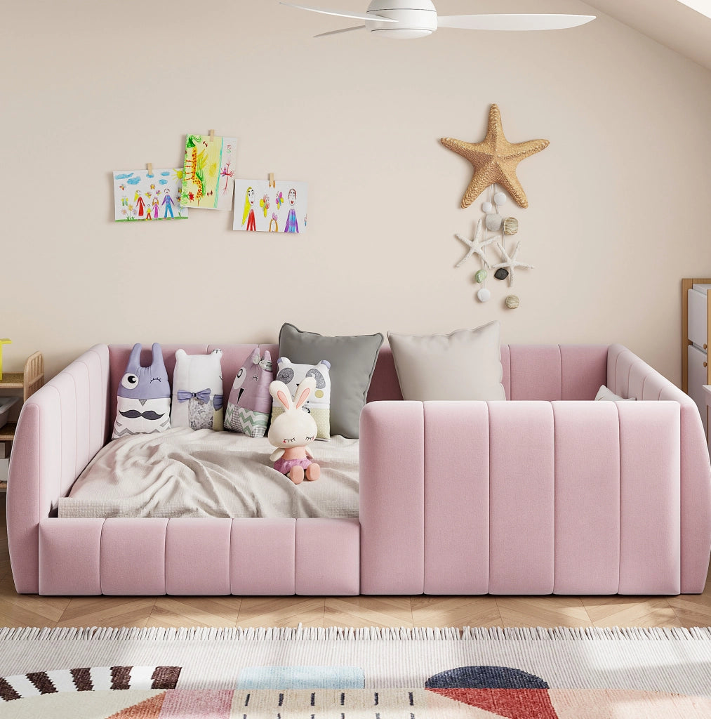Letto piattaforma imbottito 90x200 cm con spondine di sicurezza; rosa; in MDF e velluto