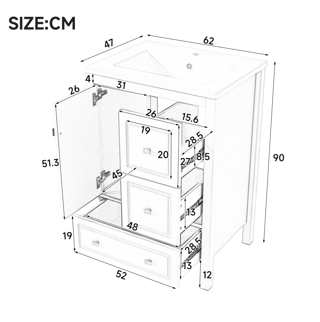 Mobile lavabo da bagno freestanding con lavabo in ceramica bianco