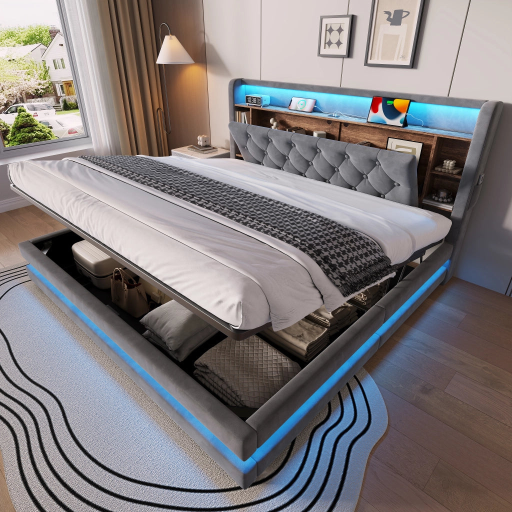 LETTO Contenitore 180x200 cm Velluto Grigio Scuro con testiera multifunzione