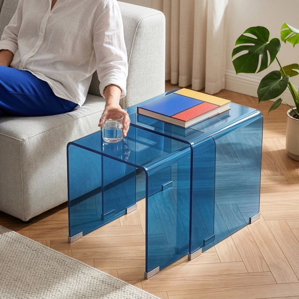 Set Kariengem di 2 Tavolini Sovrapponibili in Vetro - Blu [en.casa]