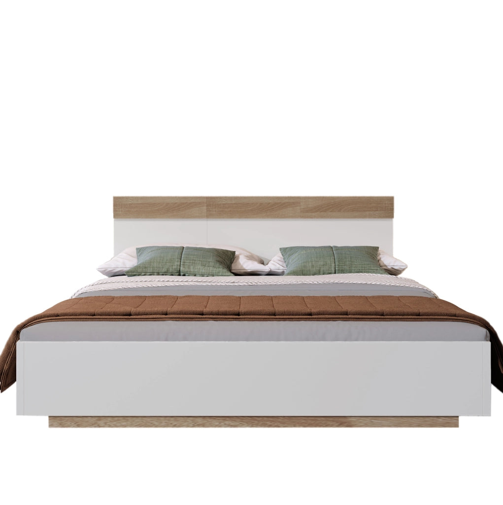 Letto matrimoniale 140x200 cm sospeso con rete a doghe; legno bianco e rovere sonoma