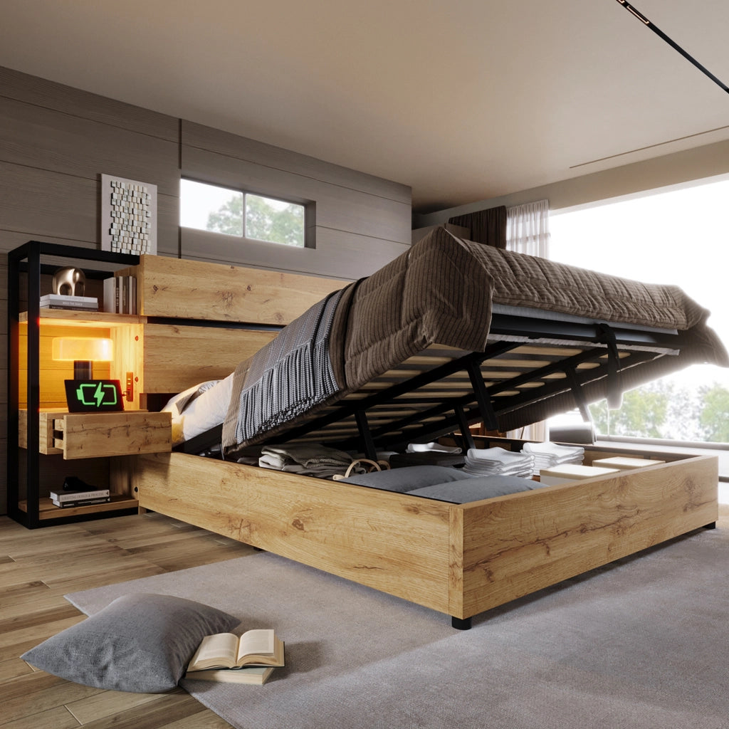 Letto contenitore matrimoniale 160 × 200 cm con cassetti, USB e Type-C, senza materasso, in MDF e metallo, rovere