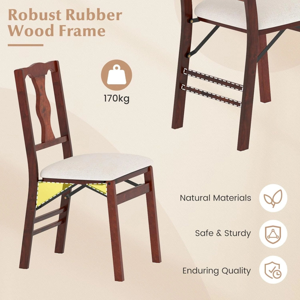 Set 2 Sedie da Pranzo Pieghevoli Imbottite, Struttura in Legno di Gomma, Rivestimento in Lino, Portata 160 kg, Salvaspazio per Cucina e Sala da Pranzo