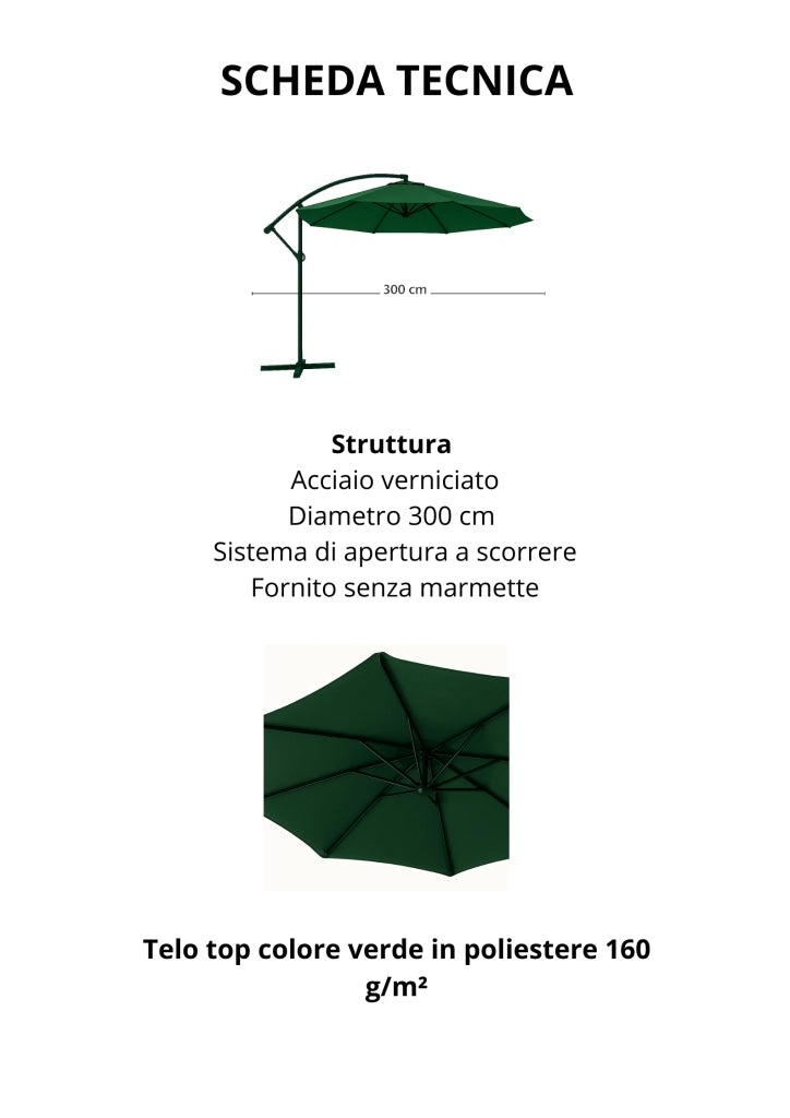 Ombrellone decentrato in Acciaio mod. "Nevis/Flyn" 300cm colore verde per esterno