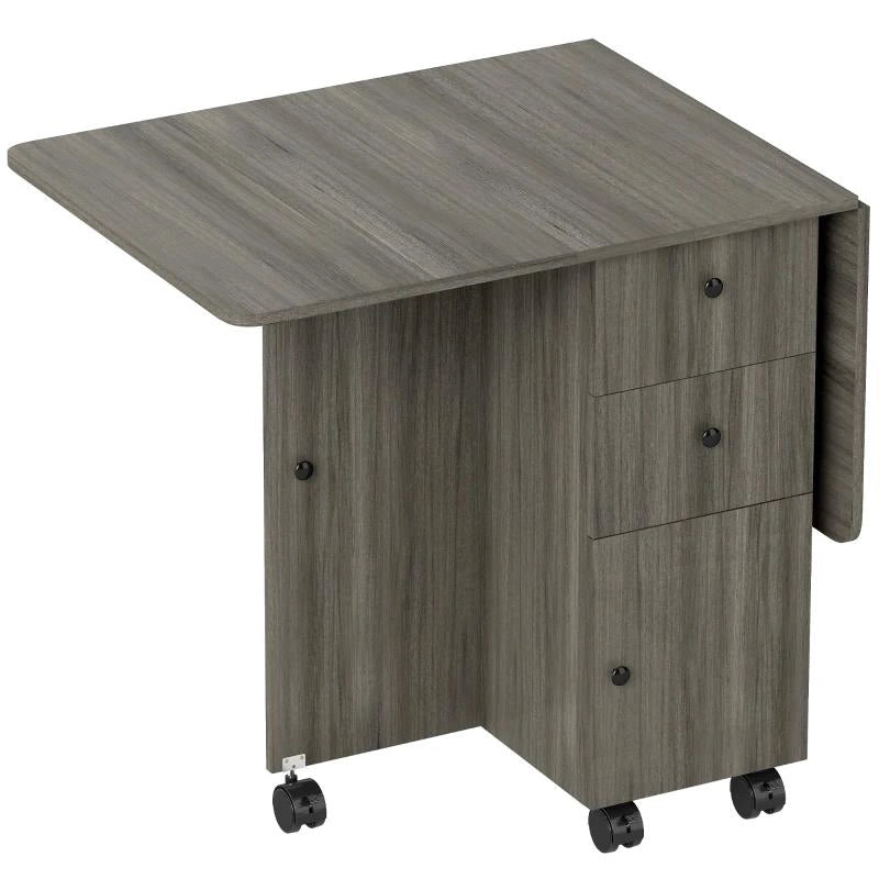 TAVOLO A RIBALTA A 6 ROTELLE CON 2 CASSETTI E ARMADIETTO AD ANTE, IN LEGNO, 120X60X76.5 CM, GRIGIO