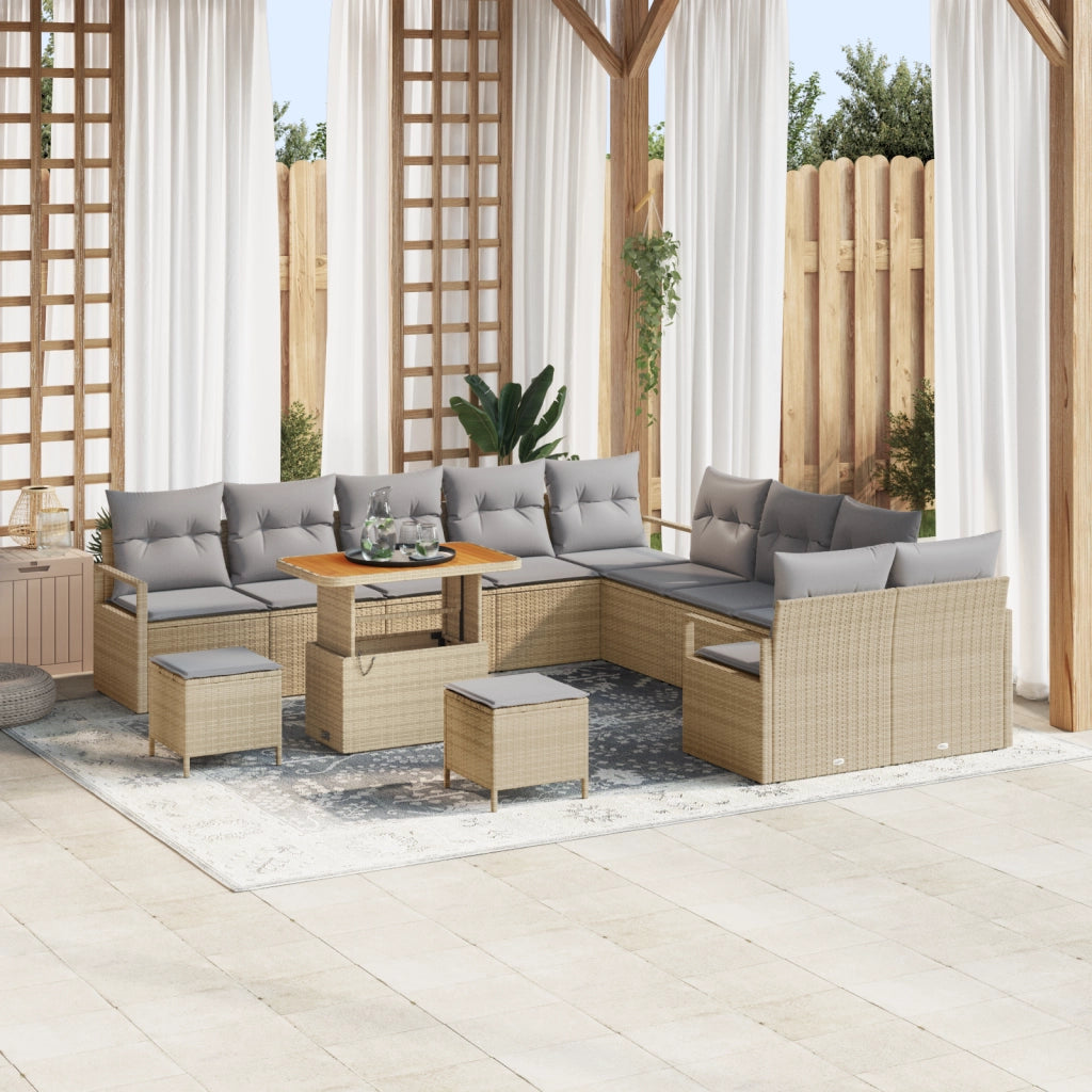 Set Divano da Giardino  13 Pezzi con Cuscini Beige Polyrattan Acacia