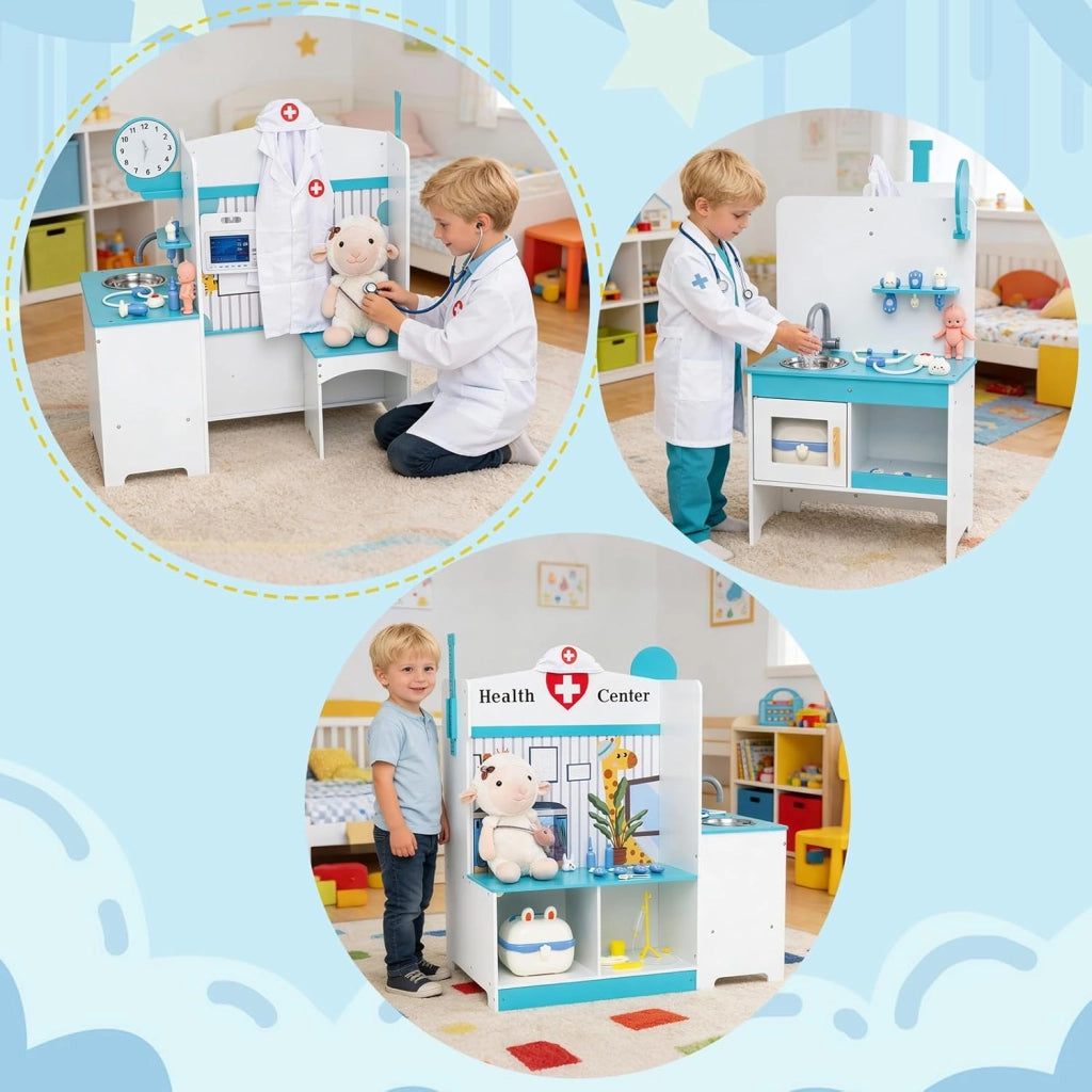 Kit Dottoressa Bambini a Tre Facce, Centro Medico Giocattolo in Legno con Monitor ECG, Rubinetto e 27 Accessori, Luci e Suoni, Regalo Bambini 3-6 Anni, 93 x 54,5 x 98,5 cm