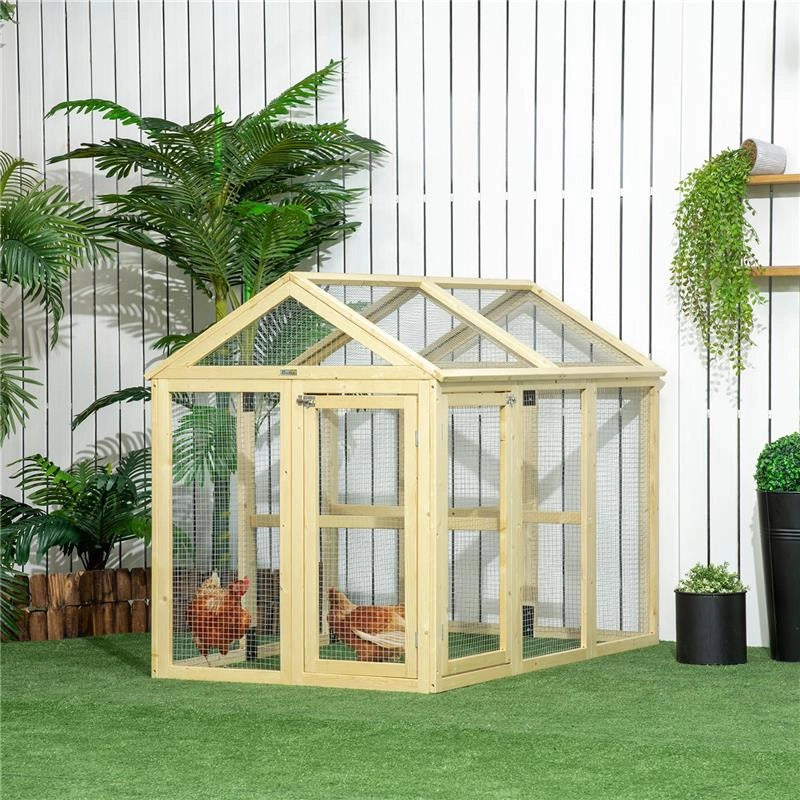 RECINTO PER GALLINE ALL'APERTO IN LEGNO CON PORTE MULTIPLE E RETE IN METALLO, 140X88.5X106 CM, COLOR LEGNO