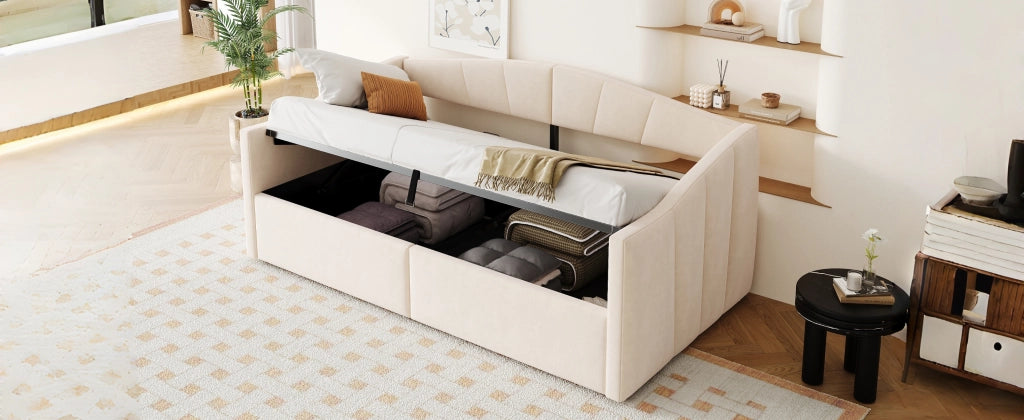 Letto sofà con contenitore in velluto beige 90x200 cm