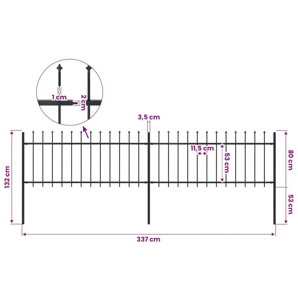 Recinzione da Giardino con Punta a Lancia in Acciaio 337x80 cm Nero 277603
