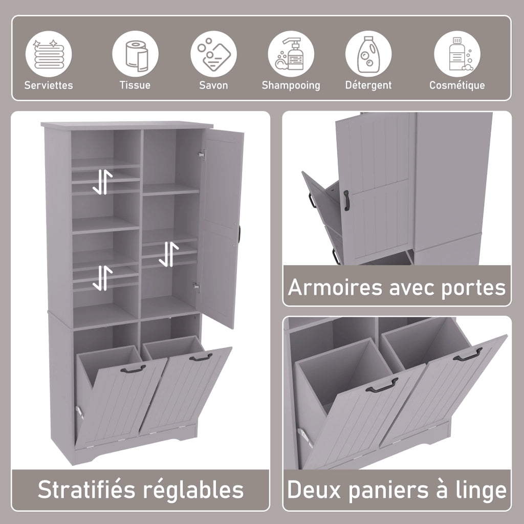 Armadietto da bagno con cesti portabiancheria e ripiani regolabili per bagno in MDF grigio 78 × 35 × 172 cm