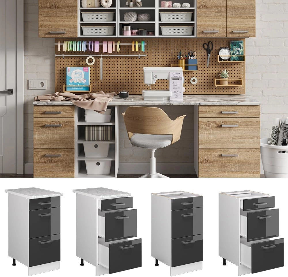 Base universale R-Line, Antracite lucido, 40 cm con cassetti, adatto per la conservazione di accessori per la pulizia e per la casa