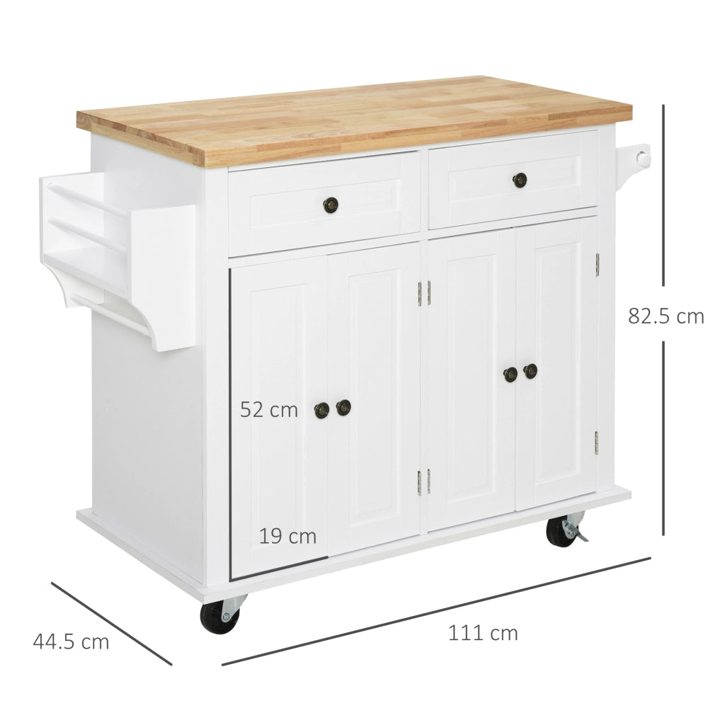 EasyComfort Carrello da Cucina con 2 Cassetti e 2 Armadietti, Isola da Cucina con Piano in Legno, Portaspezie e Porta Canovacci, Bianco