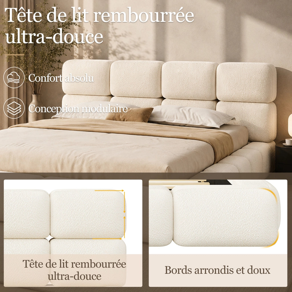 Letto matrimoniale contenitore imbottito 200x200 cm design nuvola bubble con ampio vano; bouclé bianco