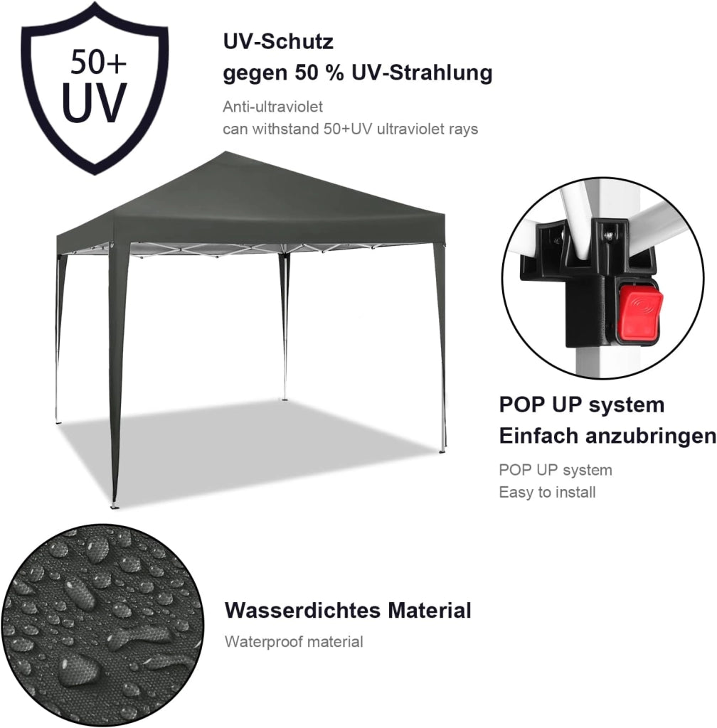 Gazebo da Giardino Richiudibile 3x3m Gazebo da Esterno in Ferro Regolabile in Altezza Tendone Pieghevole, Protezione Solare, Facile da Montare Grigio