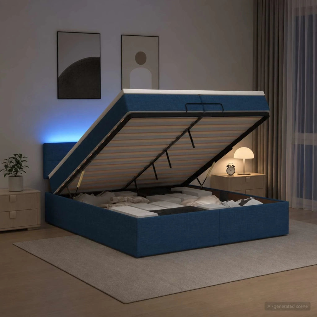 Letto Ottomano con Materasso e LED Blu 200 x 200 cm Tessuto 3456939