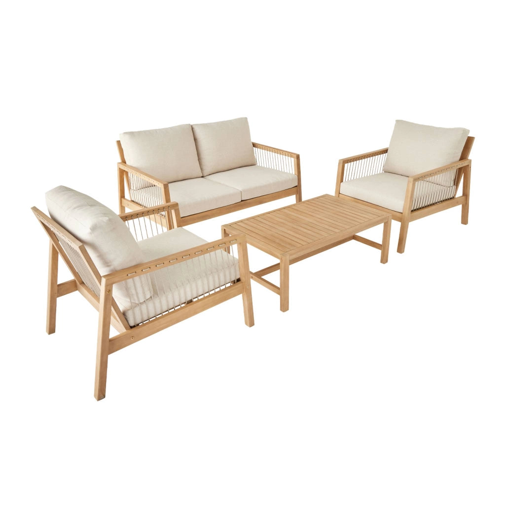 Salotto da giardino in legno e corda, 4 posti, beige