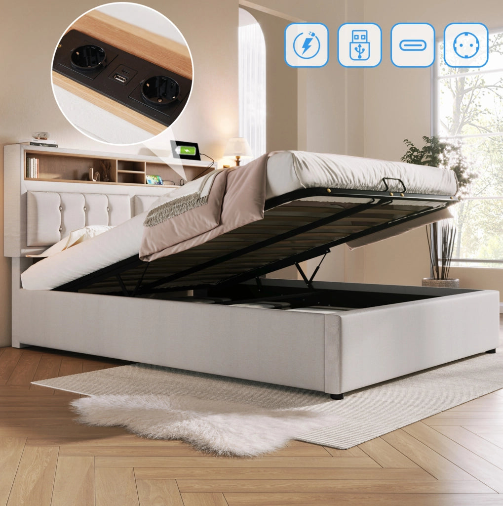 Letto imbottito matrimoniale 140x200 in lino con testiera regolabile; USB/Type-C e contenitore