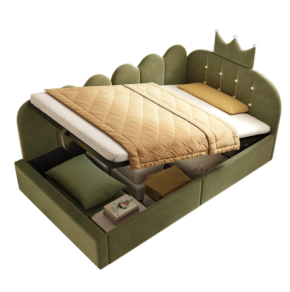 Letto daybed verde 90x200 cm in velluto con contenitore idraulico