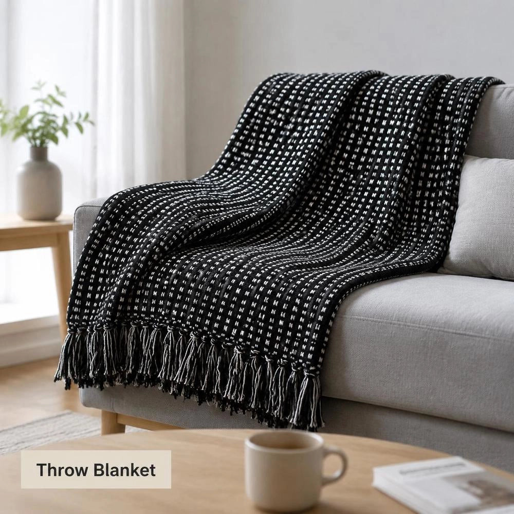 Cotton Throw, Checkered Pattern, 220x250 Cm, Black
