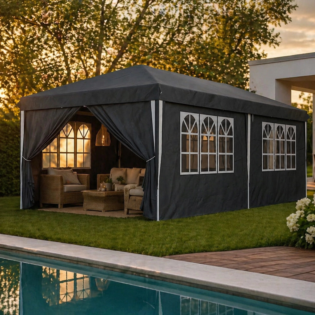 Gazebo Pieghevole 3x6 Metri Con Pareti Laterali E Finestre Impermeabile Altezza Regolabile Struttura In Metallo Nero