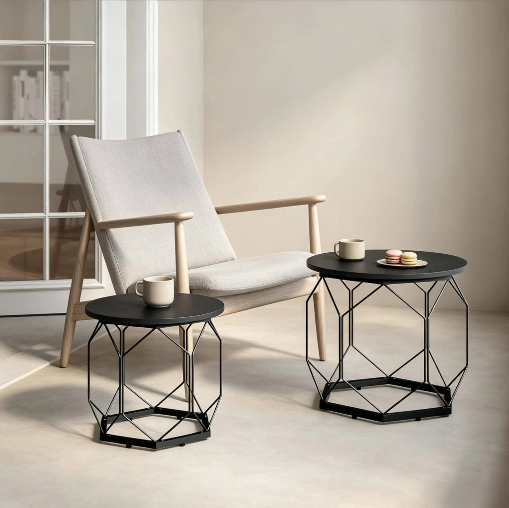 Set 2 tavolini da caffè rotondi con piano rimovibile; metallo e legno nero