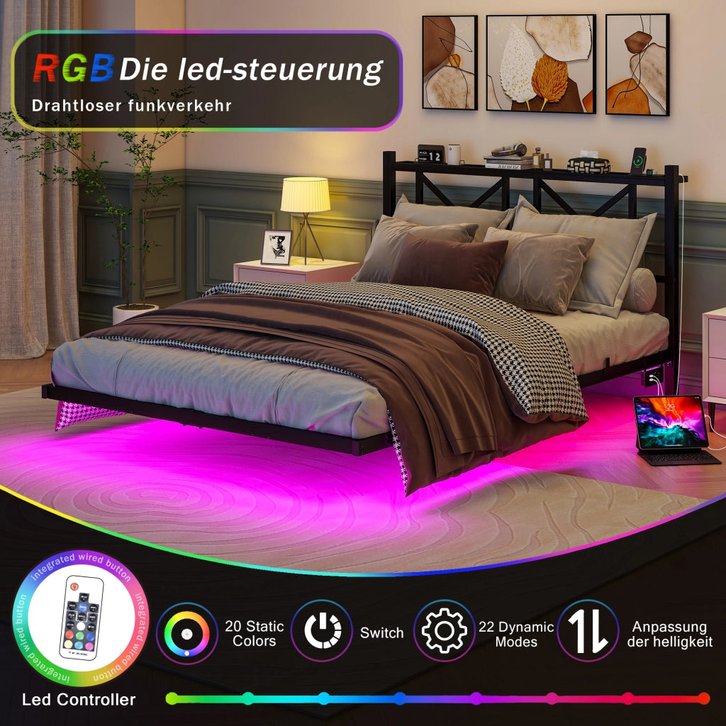 Letto matrimoniale 140 × 200 cm con illuminazione LED, stazione di ricarica USB, senza materasso, in metallo nero