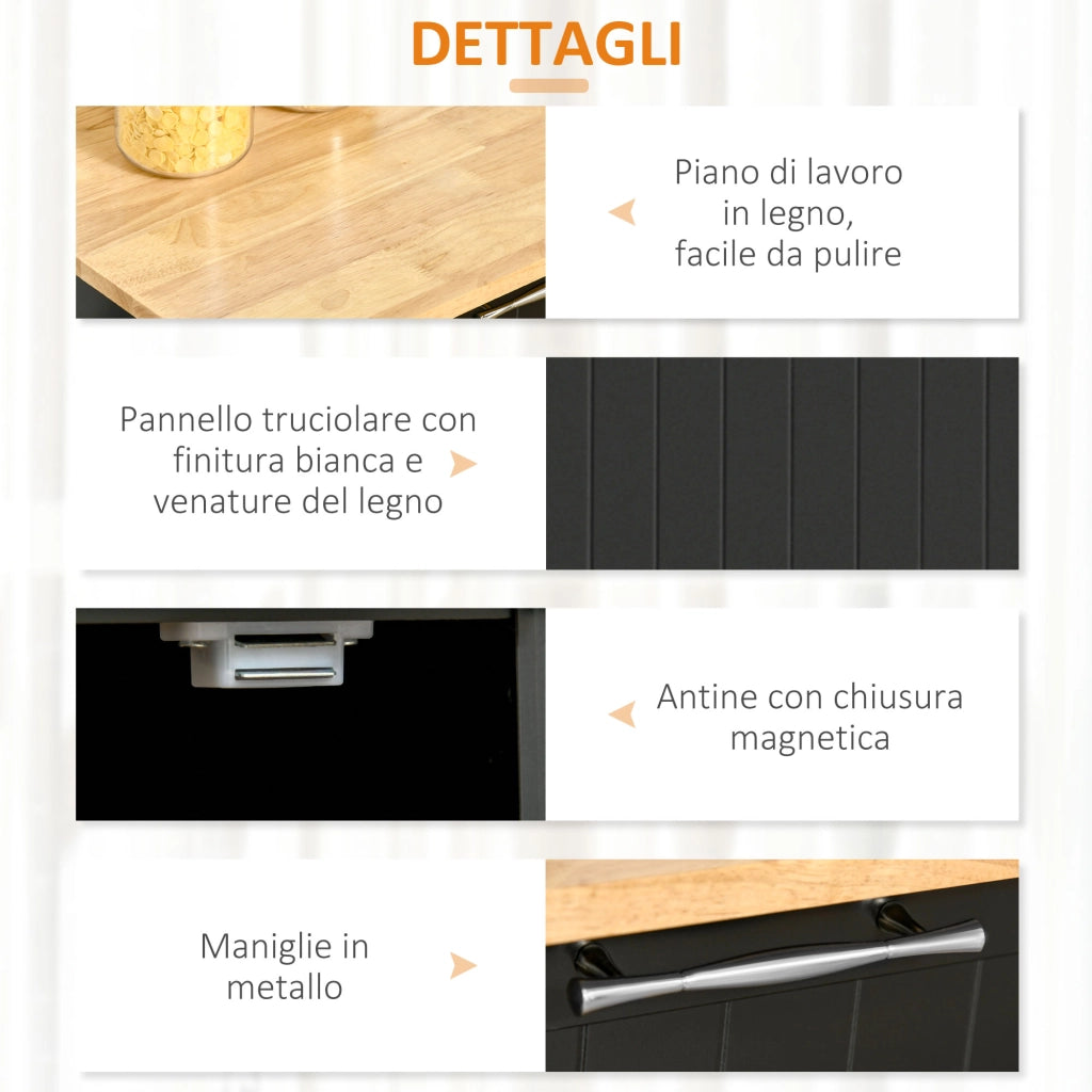 Carrello Cucina Multiuso con Cassetti e Ante ¨C Zephmum ¨C Legno 104x46x91 Nero