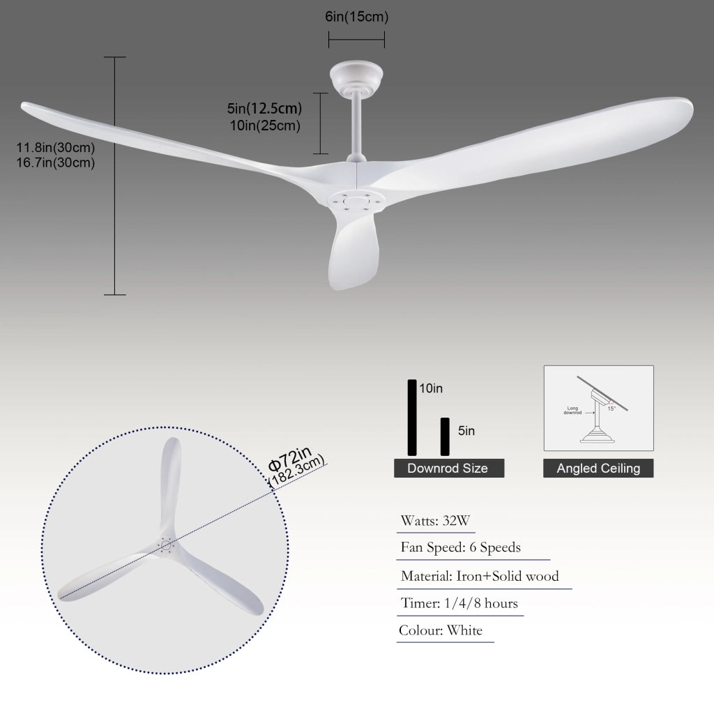 Ventilatore da soffitto da 70" bianco con 3 pale in legno e telecomando