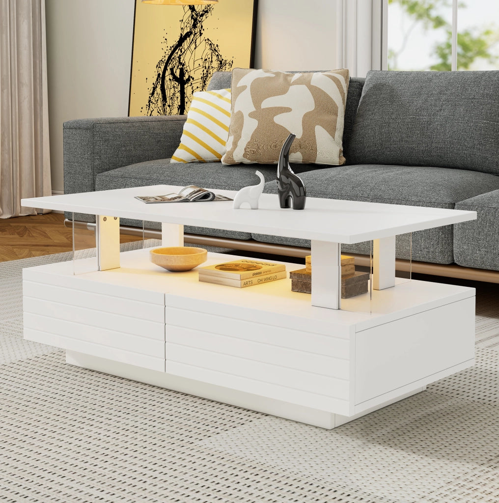 Tavolino da salotto LED bianco con contenitore e cassetti