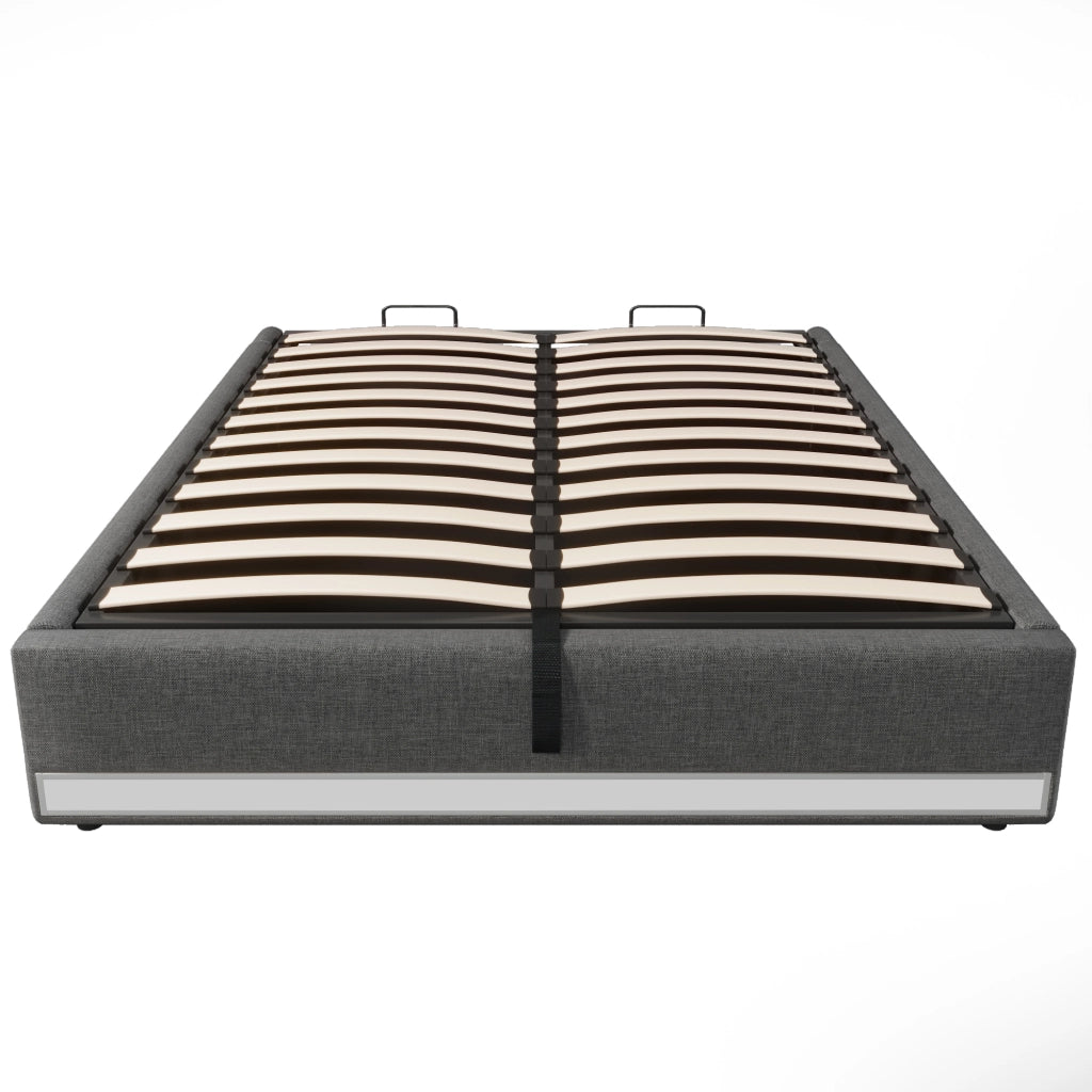 Letto Contenitore Matrimoniale 140x200 cm; USB; Type-C; LED; Tasche laterali; in Lino Grigio