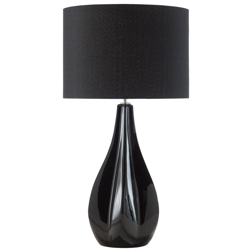 Lampada da Tavolo in Porcellana Nera Finta Seta Paralume Tamburo 60H cm Glamour Soggiorno