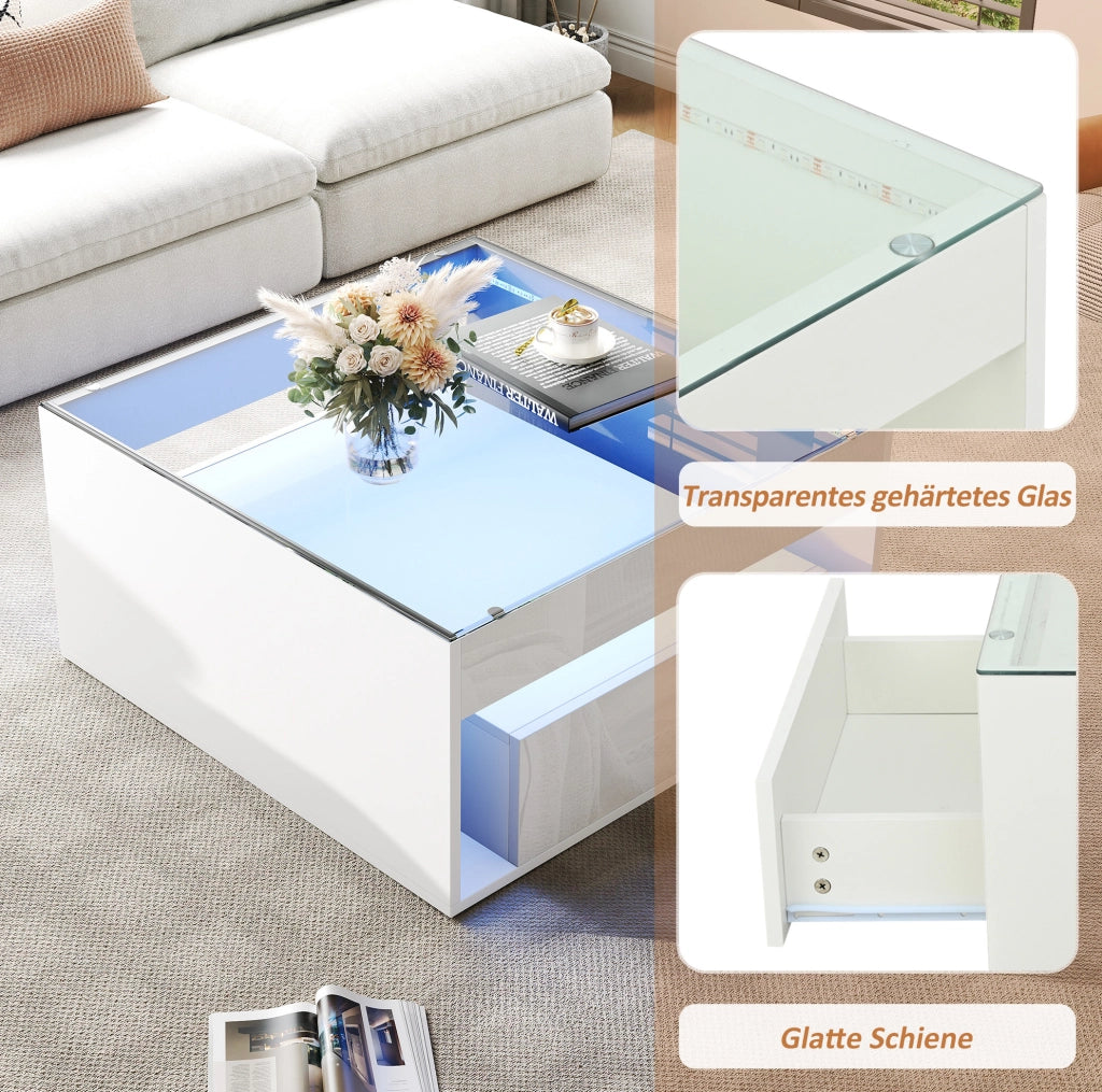 Tavolino da salotto 70 x 70 x 35 cm in MDF bianco con piano in vetro temperato; LED e 2 cassetti