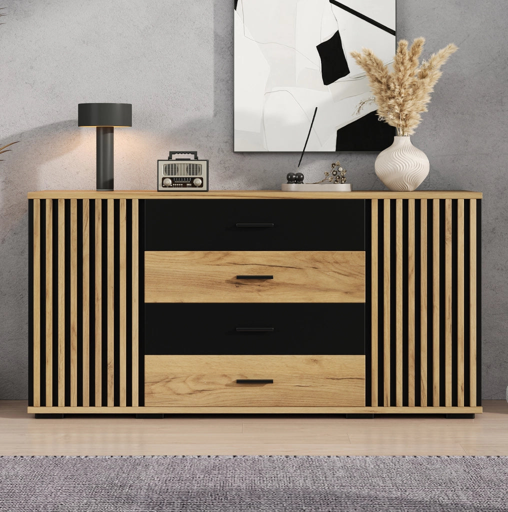 Credenza 140x35x70 cm in MDF; 4 cassetti e 2 ante con ripiani regolabili; nero e rovere