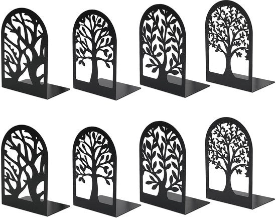 Sostegno per libri in metallo nero - 8 pezzi - Antiscivolo - Disegno di sicurezza - Modello a forma di albero - Solido 17,5 x 12 x 8,5 cm - Libreria per libri